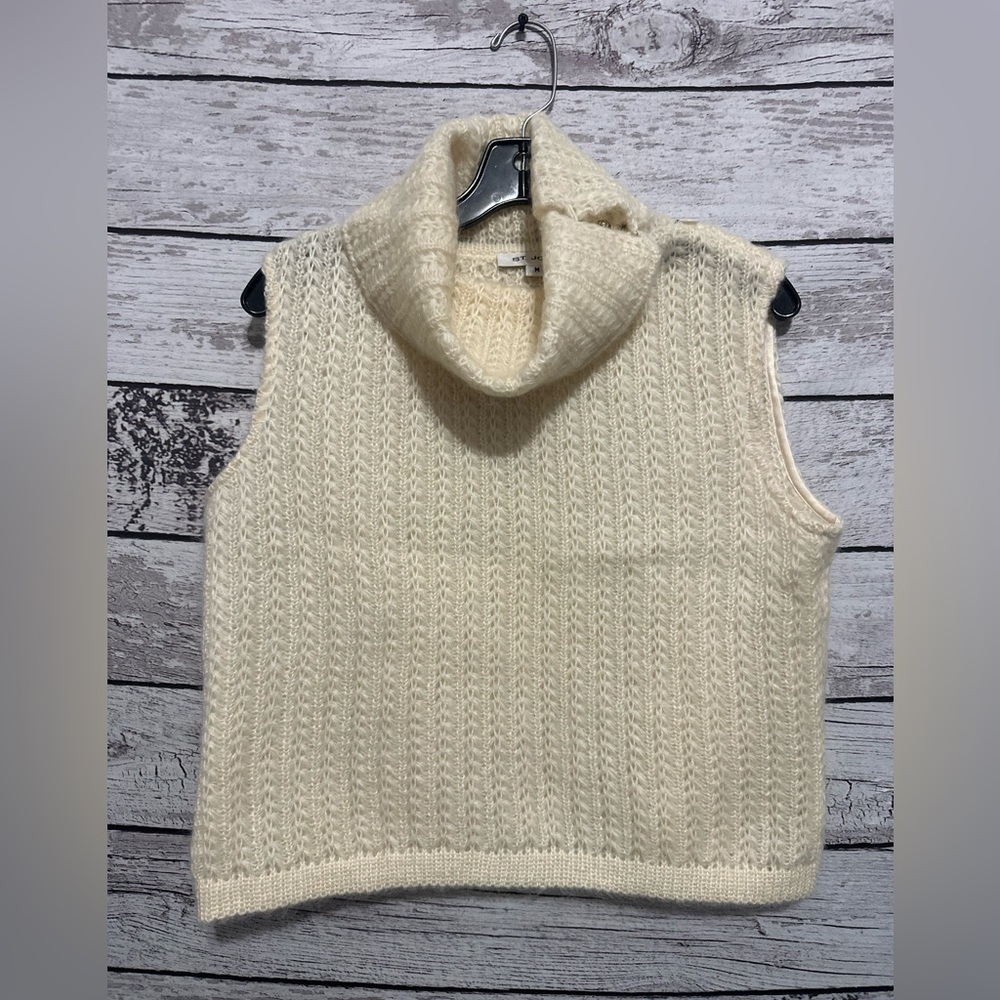 St. John Cream Knit Sleeveless Button Up Turtleneck Sweater Medium Ivory